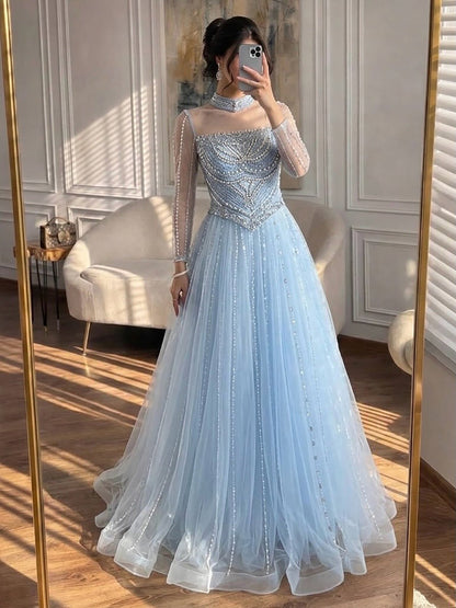 Modest Pink Crystal Beaded A-Line Long Sleeve Evening Dress Party Gown LA73192