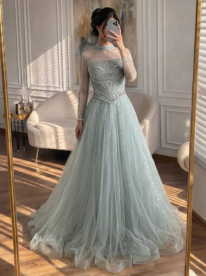 Modest Pink Crystal Beaded A-Line Long Sleeve Evening Dress Party Gown LA73192