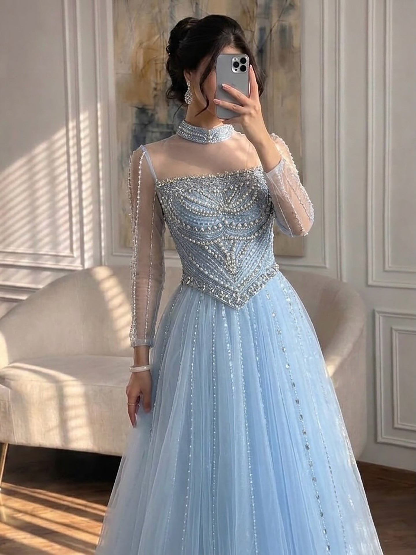 Modest Pink Crystal Beaded A-Line Long Sleeve Evening Dress Party Gown LA73192