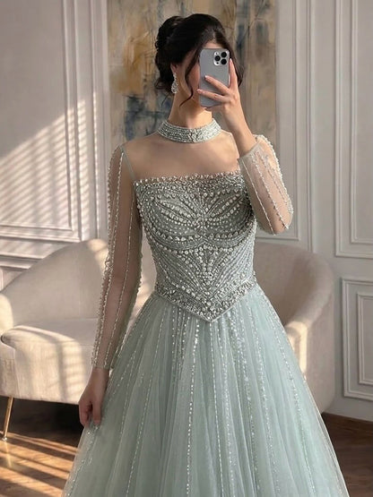 Modest Pink Crystal Beaded A-Line Long Sleeve Evening Dress Party Gown LA73192