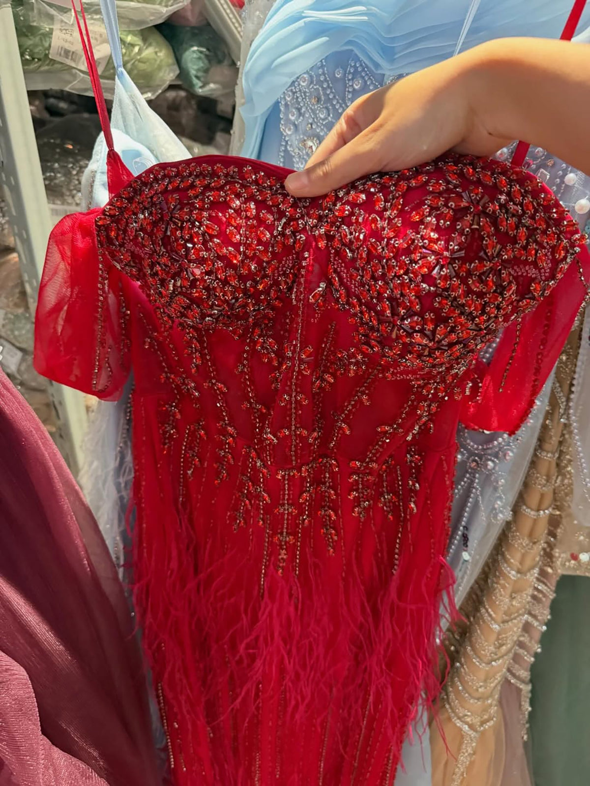 Red Off Shoulder Beaded Feather Mermaid Evening Gown LA73193