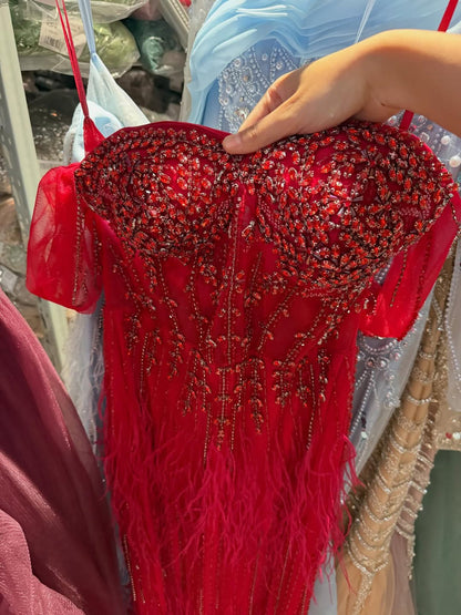 Red Off Shoulder Beaded Feather Mermaid Evening Gown LA73193