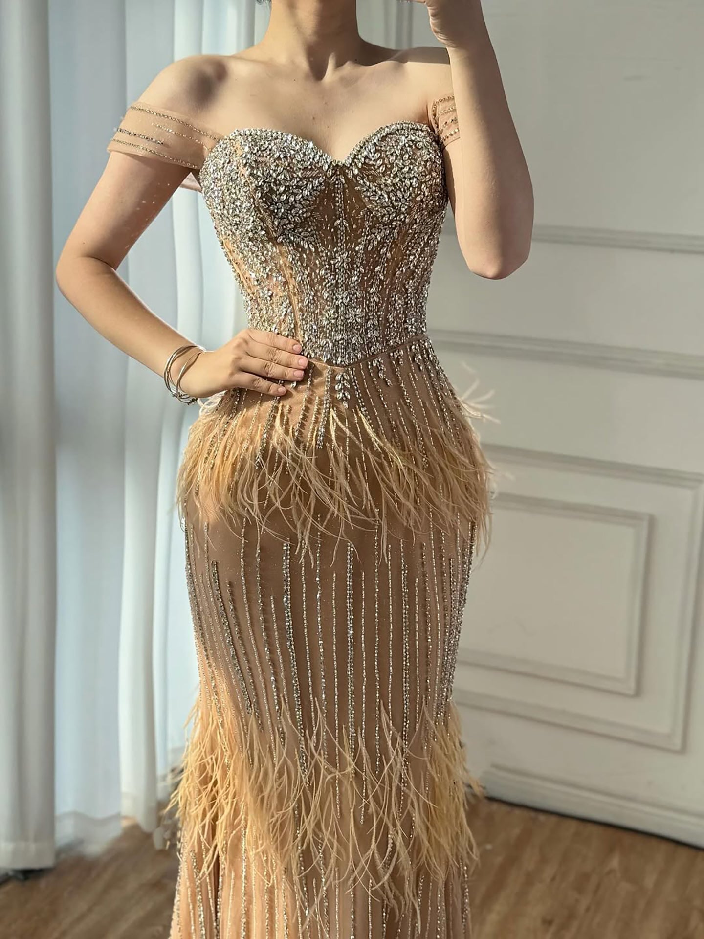 Red Off Shoulder Beaded Feather Mermaid Evening Gown LA73193