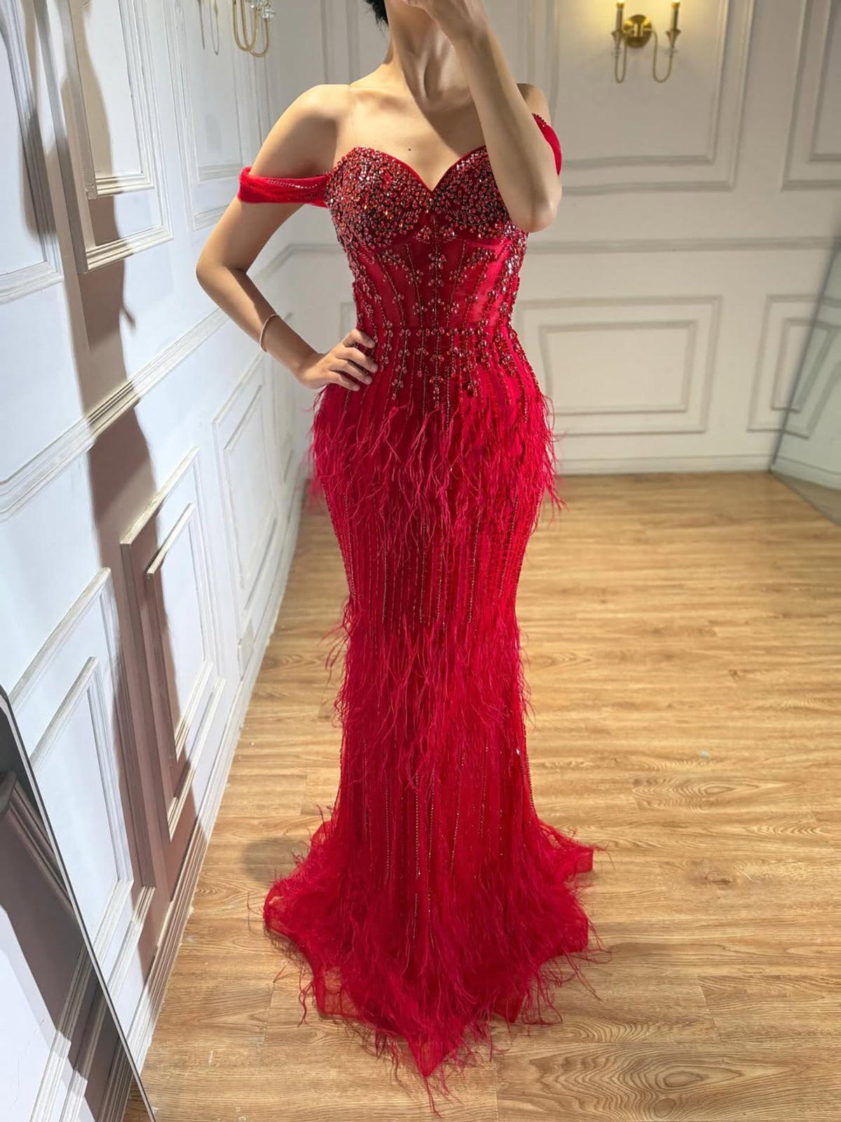 Red Off Shoulder Beaded Feather Mermaid Evening Gown LA73193