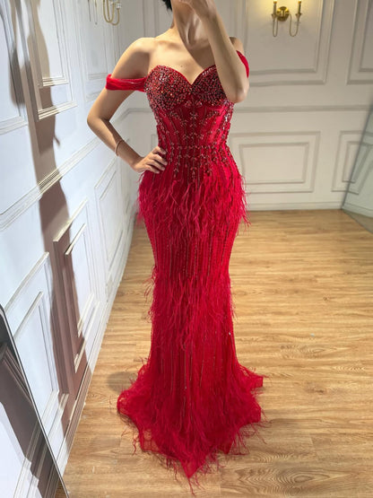 Red Off Shoulder Beaded Feather Mermaid Evening Gown LA73193
