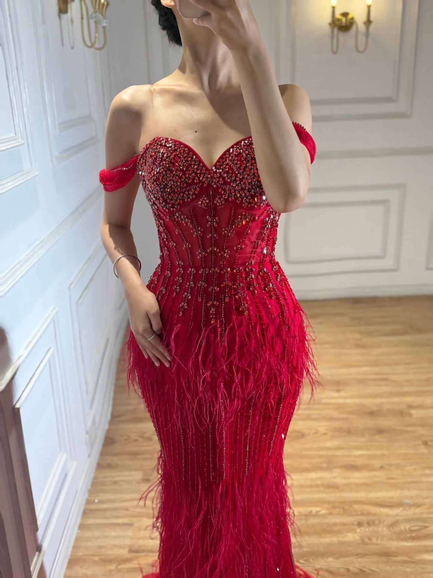 Red Off Shoulder Beaded Feather Mermaid Evening Gown LA73193