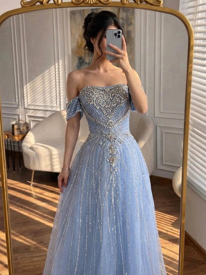 Blue Off Shoulder Beaded Luxury A-Line Evening Gown Prom Dress LA73195A