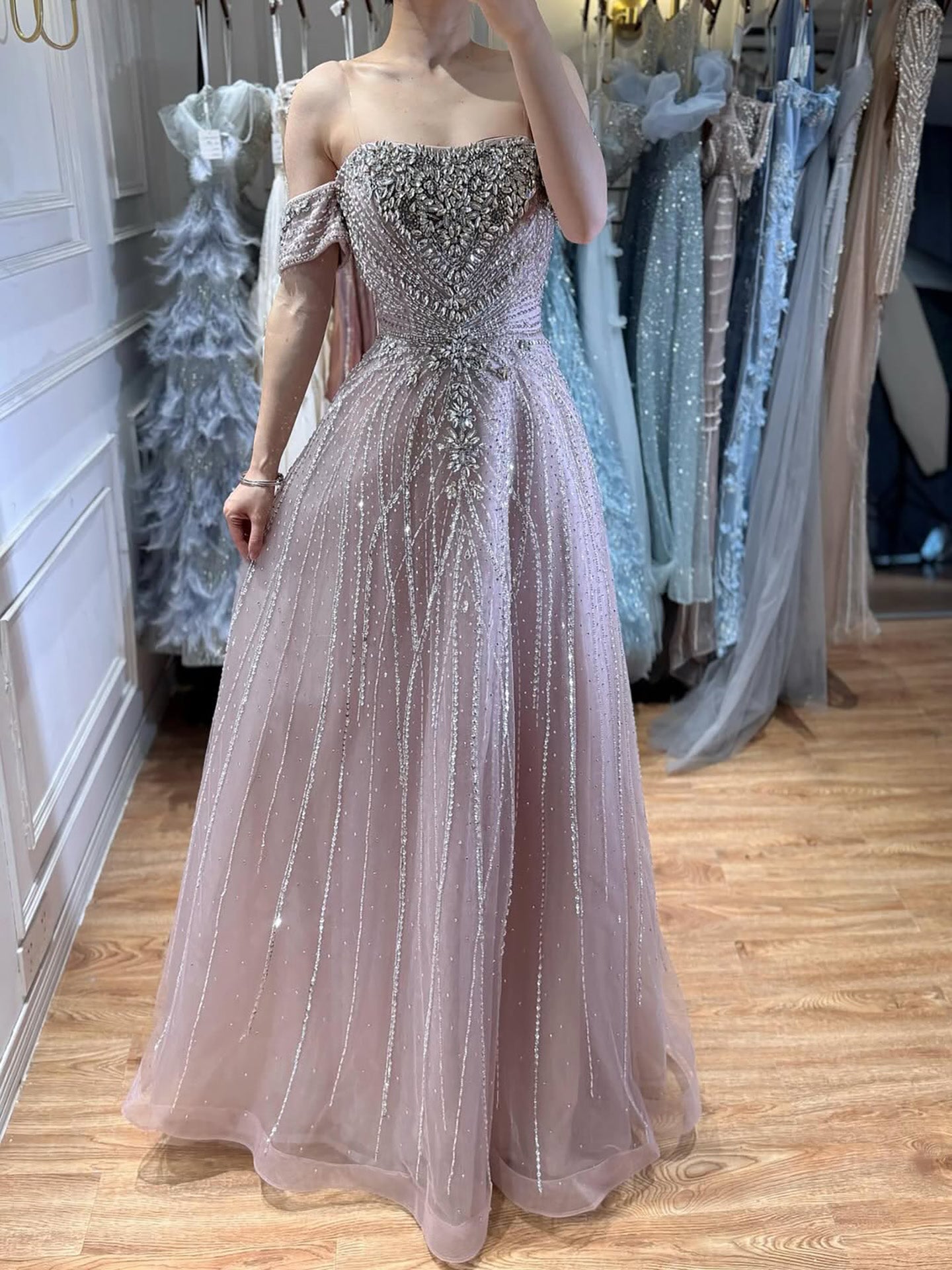 Blue Off Shoulder Beaded Luxury A-Line Evening Gown Prom Dress LA73195A