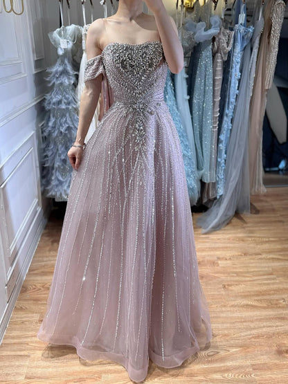 Blue Off Shoulder Beaded Luxury A-Line Evening Gown Prom Dress LA73195A