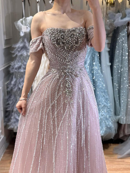Blue Off Shoulder Beaded Luxury A-Line Evening Gown Prom Dress LA73195A