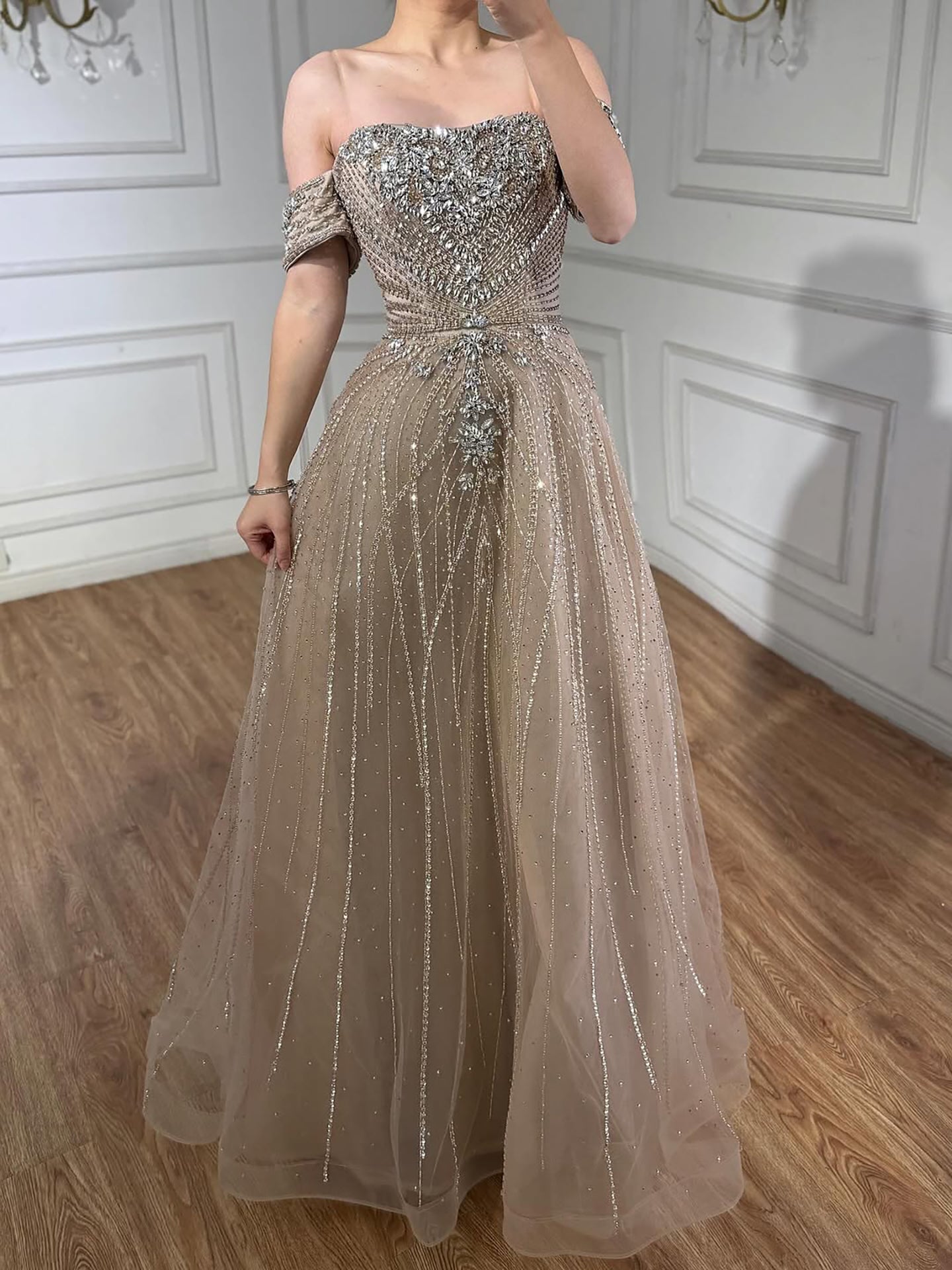 Blue Off Shoulder Beaded Luxury A-Line Evening Gown Prom Dress LA73195A