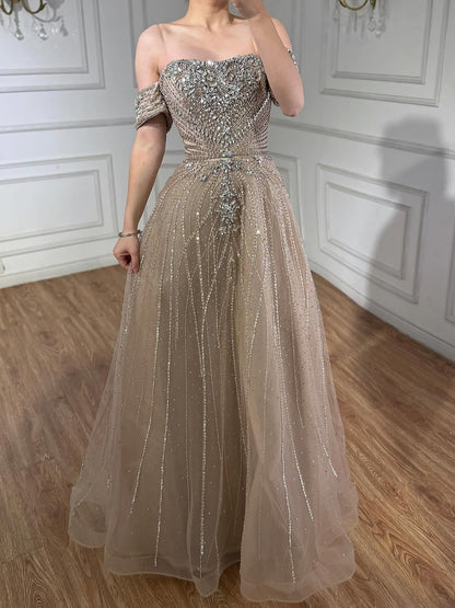 Blue Off Shoulder Beaded Luxury A-Line Evening Gown Prom Dress LA73195A