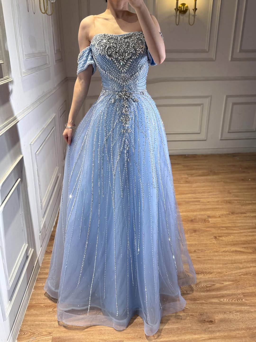 Blue Off Shoulder Beaded Luxury A-Line Evening Gown Prom Dress LA73195A