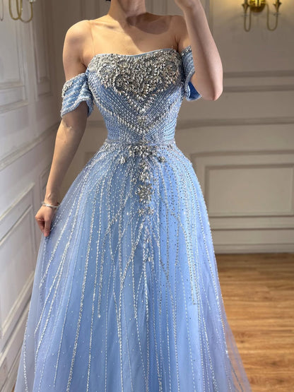 Blue Off Shoulder Beaded Luxury A-Line Evening Gown Prom Dress LA73195A