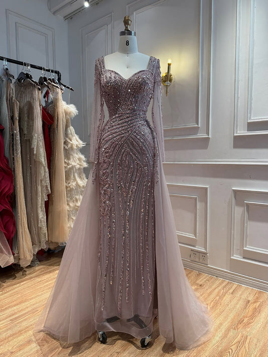 Luxury Pink Beaded Long Sleeve Mermaid Dress With Overskirt LA73198A