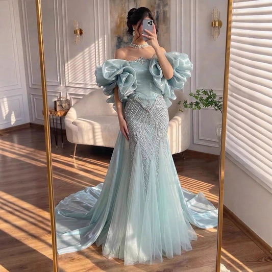 Luxury Sage Green Beaded Mermaid Evening Dress with Balloon Sleeves LA73201