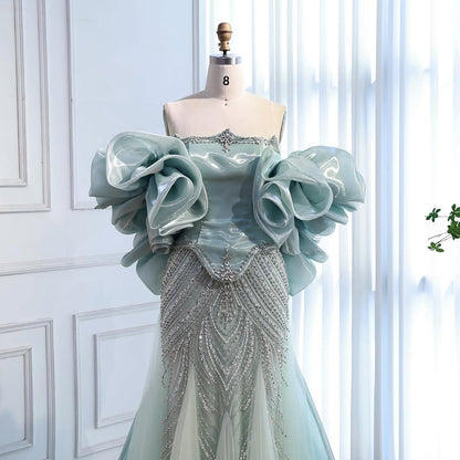 Luxury Sage Green Beaded Mermaid Evening Dress with Balloon Sleeves LA73201