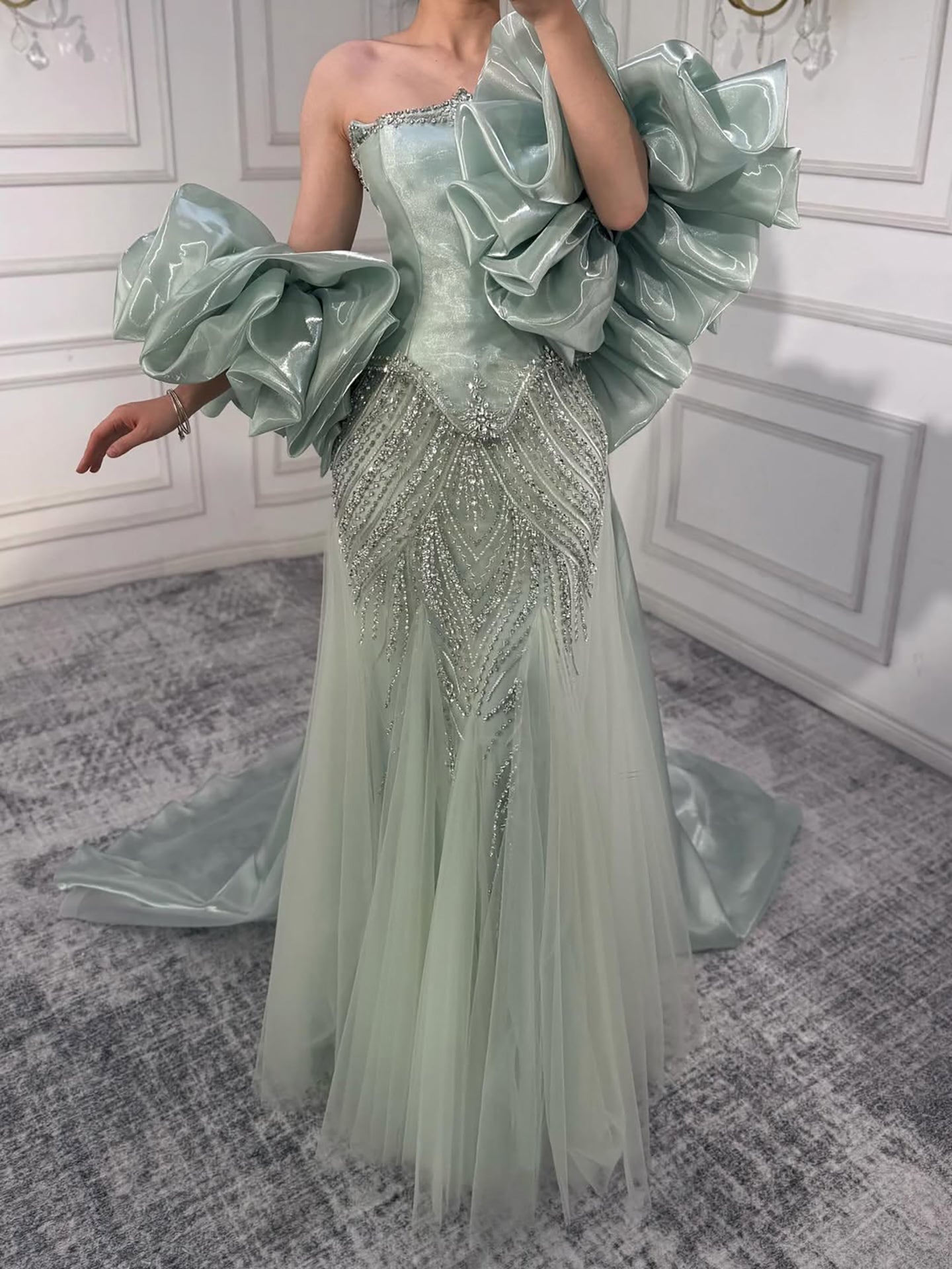 Luxury Sage Green Beaded Mermaid Evening Dress with Balloon Sleeves LA73201