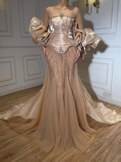 Luxury Sage Green Beaded Mermaid Evening Dress with Balloon Sleeves LA73201