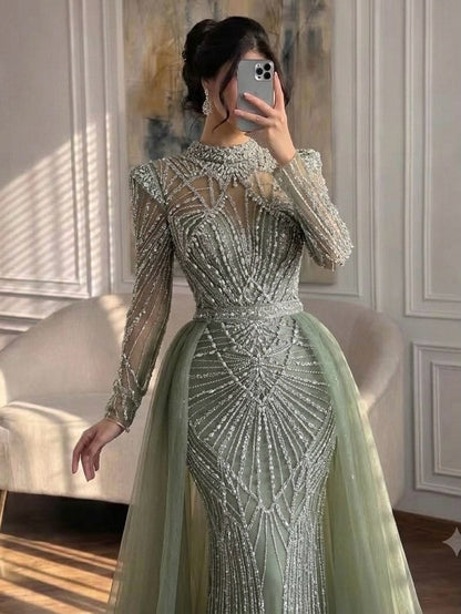 Luxury Muslim Nude Beaded Mermaid Evening Dress LA73203A