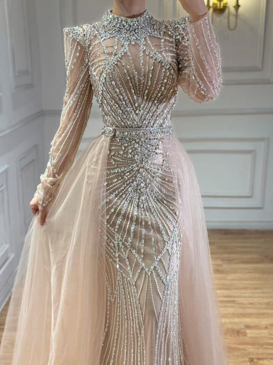 Modest Nude Beaded Long Sleeve Mermaid Evening Dress LA73203A