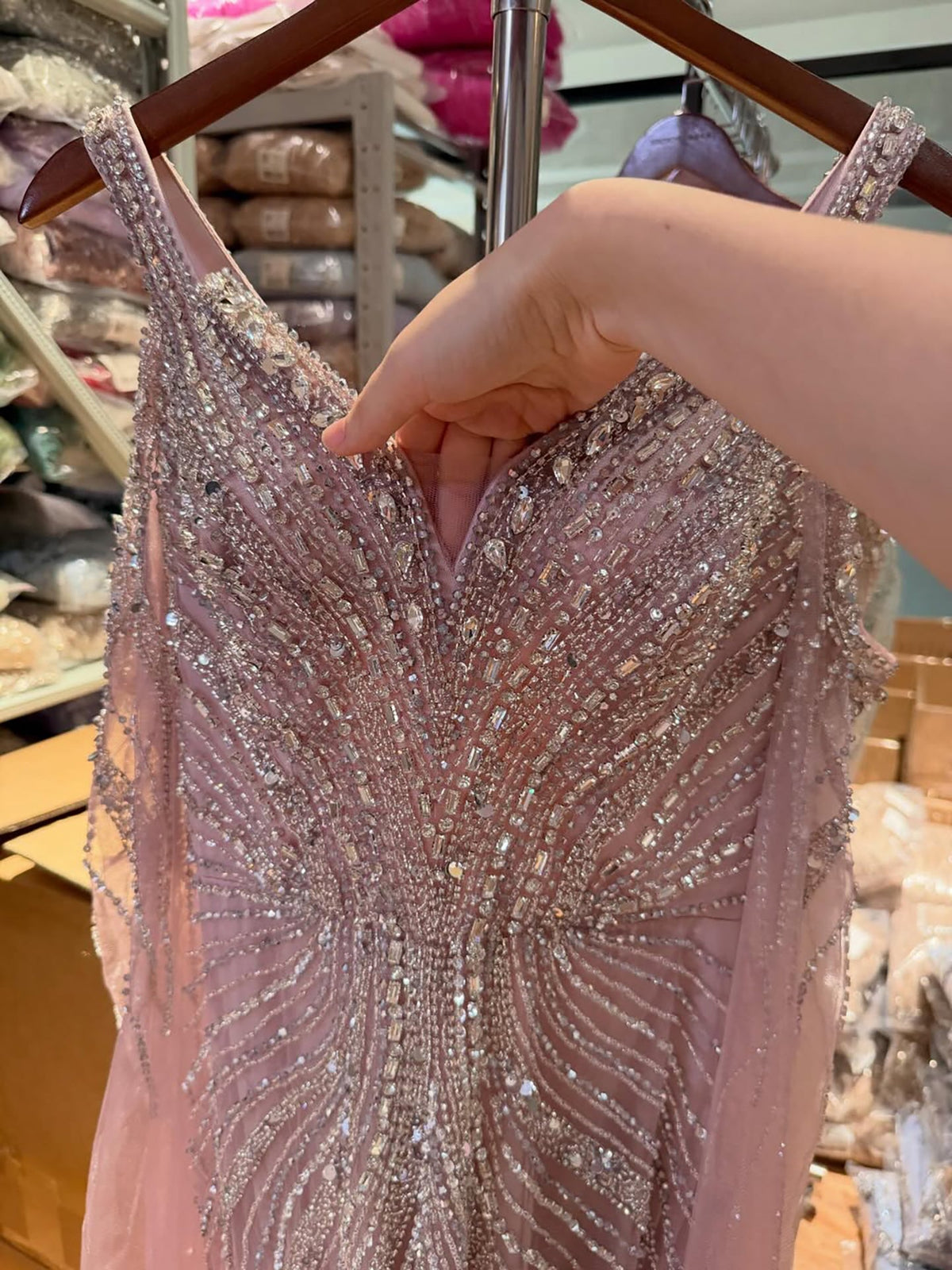 Pink Beaded Mermaid Evening Dress with Cape Sleeve LA73210A