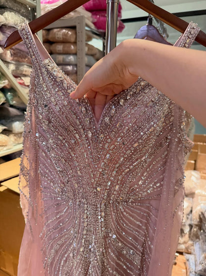 Pink Beaded Mermaid Evening Dress with Cape Sleeve LA73210A
