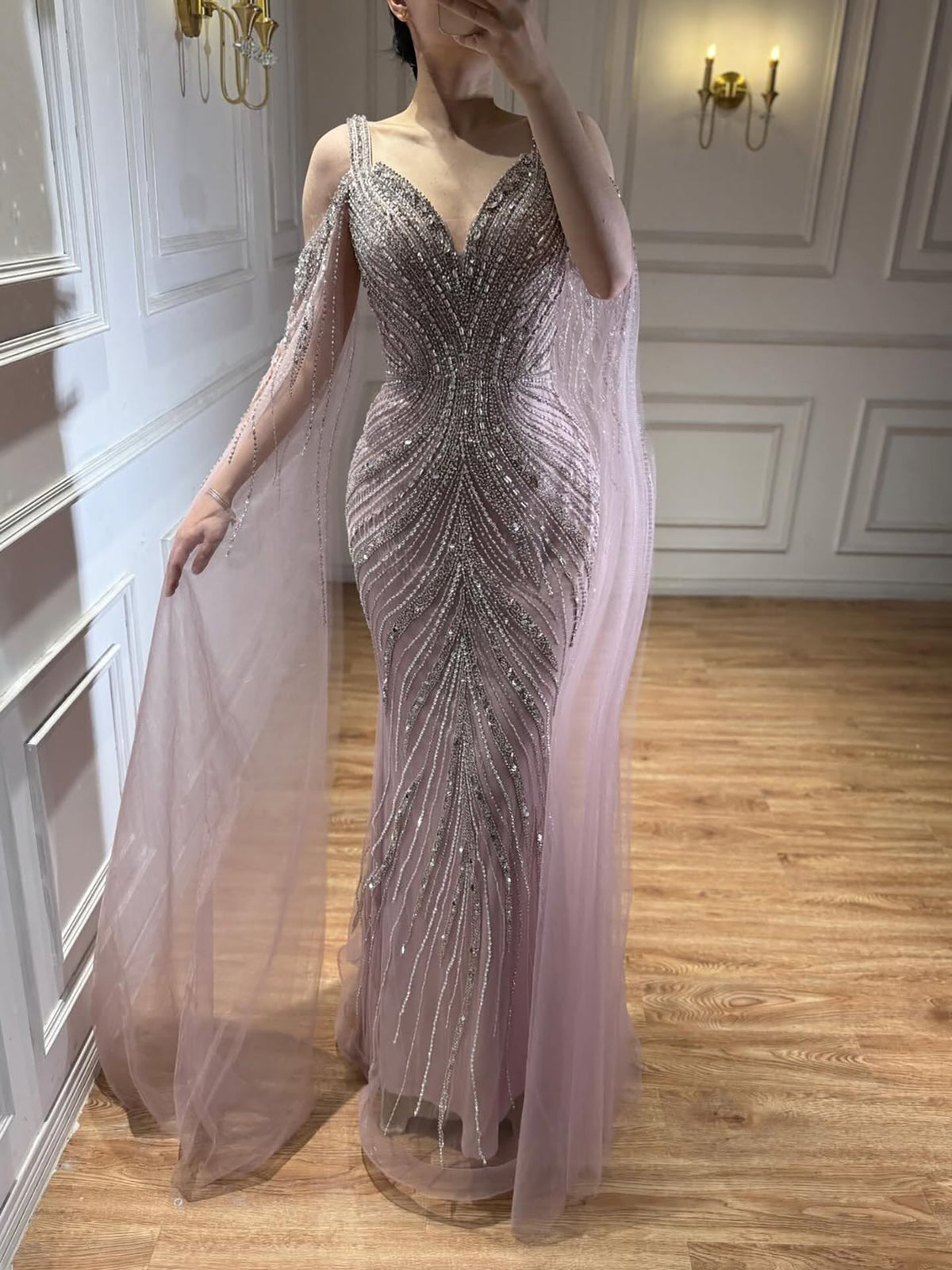 Pink Beaded Mermaid Evening Dress with Cape Sleeve LA73210A