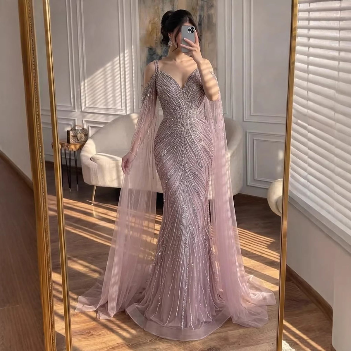 Pink Beaded Mermaid Evening Dress with Cape Sleeve LA73210A