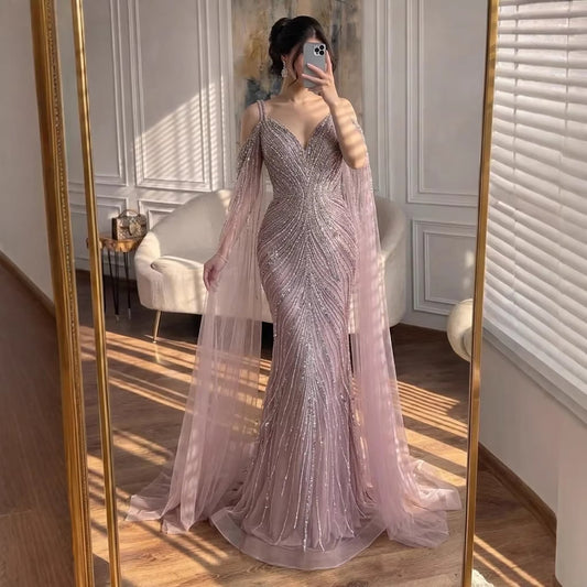Pink Beaded Mermaid Evening Dress with Cape Sleeve LA73210A