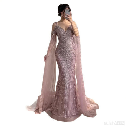 Pink Beaded Mermaid Evening Dress with Cape Sleeve LA73210A
