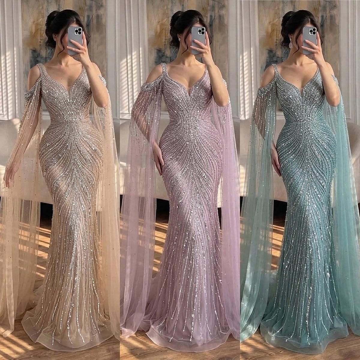 Pink Beaded Mermaid Evening Dress with Cape Sleeve LA73210A