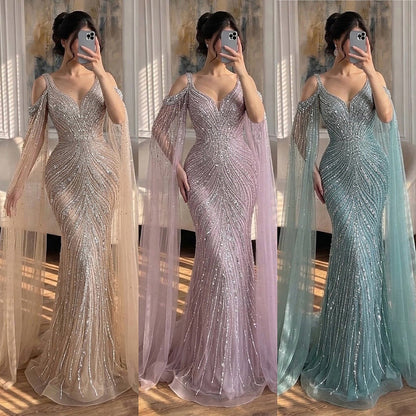Pink Beaded Mermaid Evening Dress with Cape Sleeve LA73210A