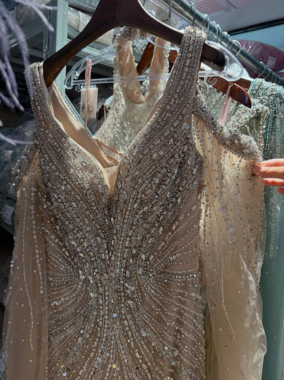 Pink Beaded Mermaid Evening Dress with Cape Sleeve LA73210A