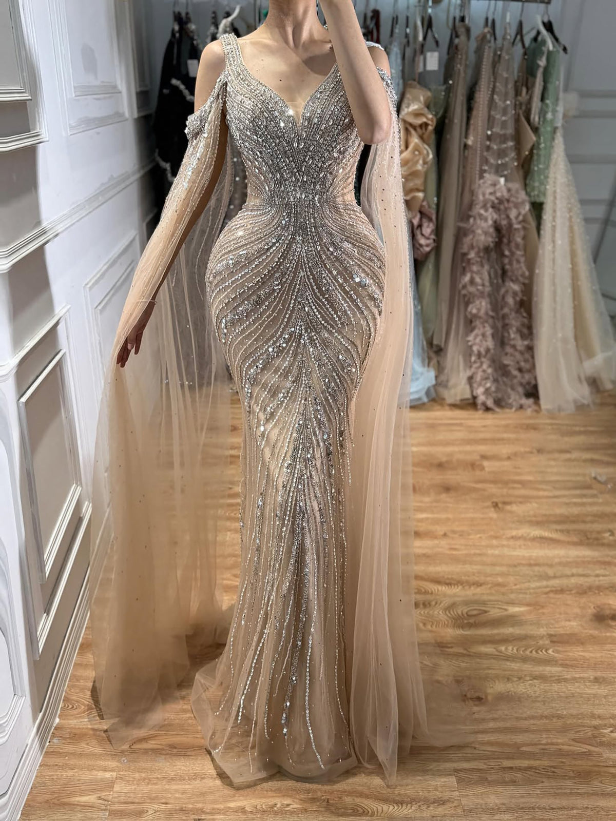 Pink Beaded Mermaid Evening Dress with Cape Sleeve LA73210A