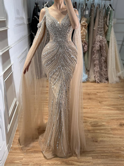 Pink Beaded Mermaid Evening Dress with Cape Sleeve LA73210A