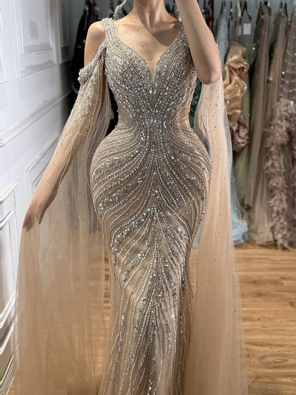Pink Beaded Mermaid Evening Dress with Cape Sleeve LA73210A