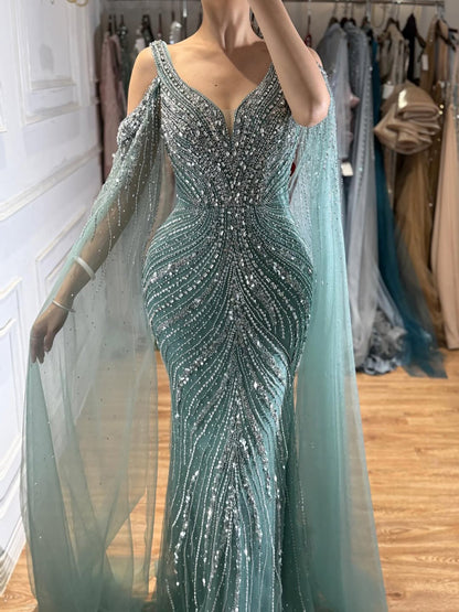 Pink Beaded Mermaid Evening Dress with Cape Sleeve LA73210A