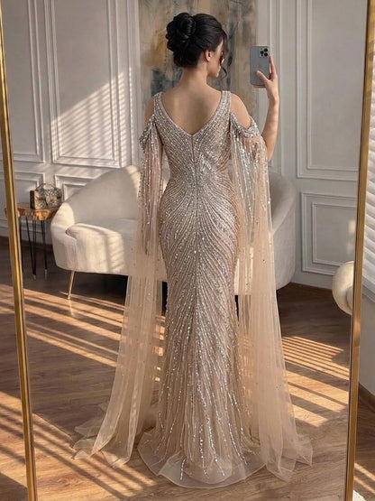 Pink Beaded Mermaid Evening Dress with Cape Sleeve LA73210A