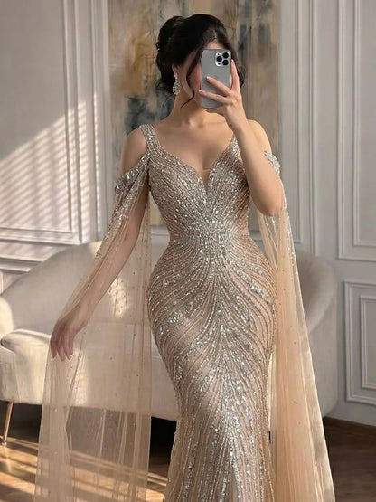 Pink Beaded Mermaid Evening Dress with Cape Sleeve LA73210A