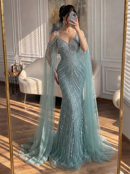 Pink Beaded Mermaid Evening Dress with Cape Sleeve LA73210A