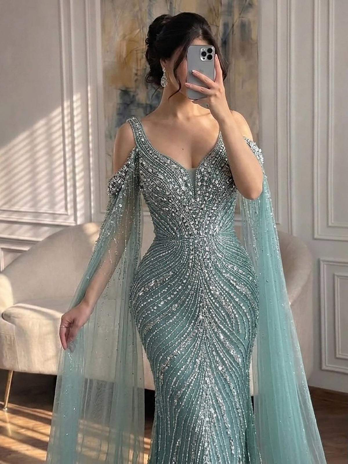 Pink Beaded Mermaid Evening Dress with Cape Sleeve LA73210A