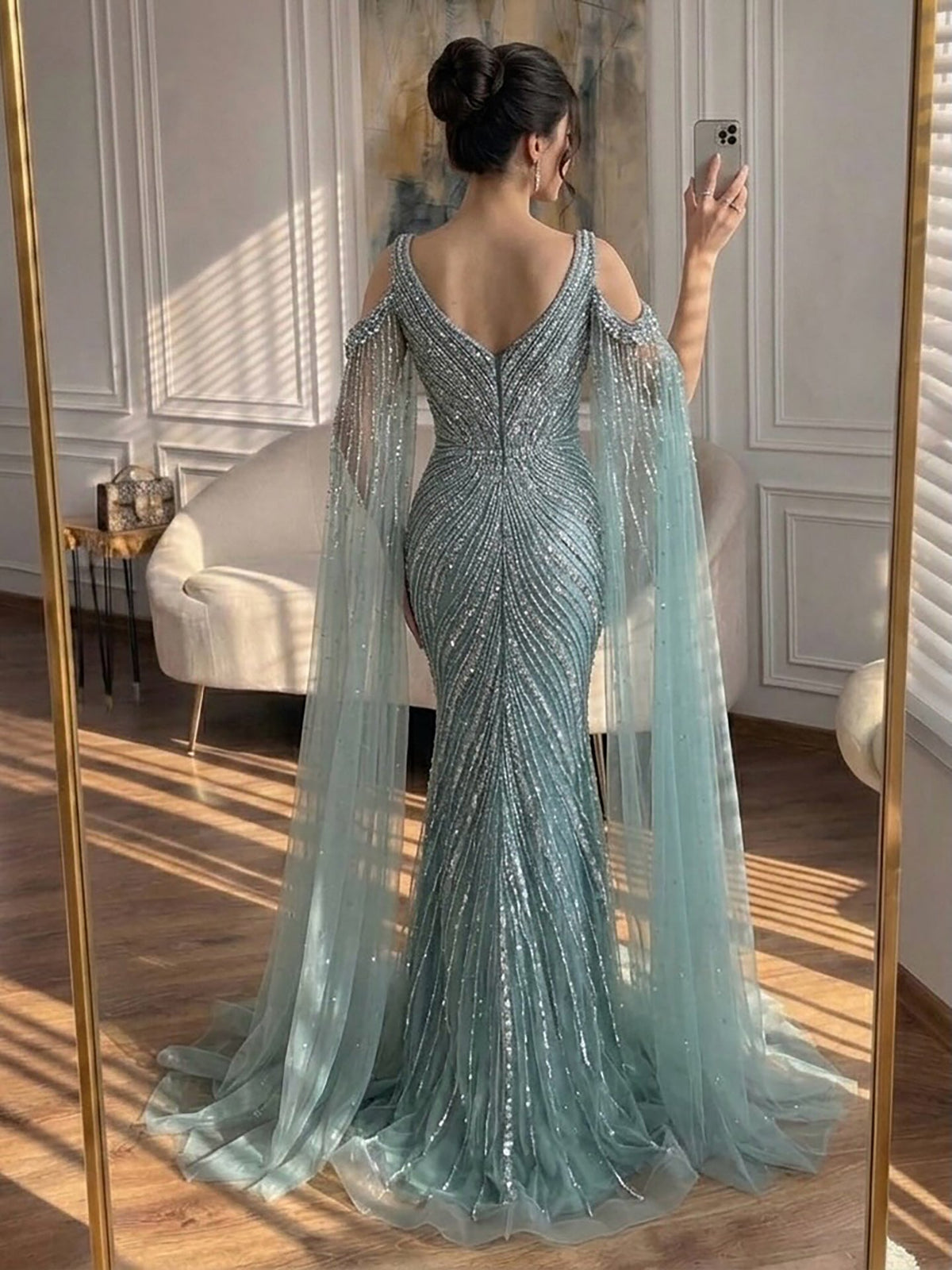 Pink Beaded Mermaid Evening Dress with Cape Sleeve LA73210A