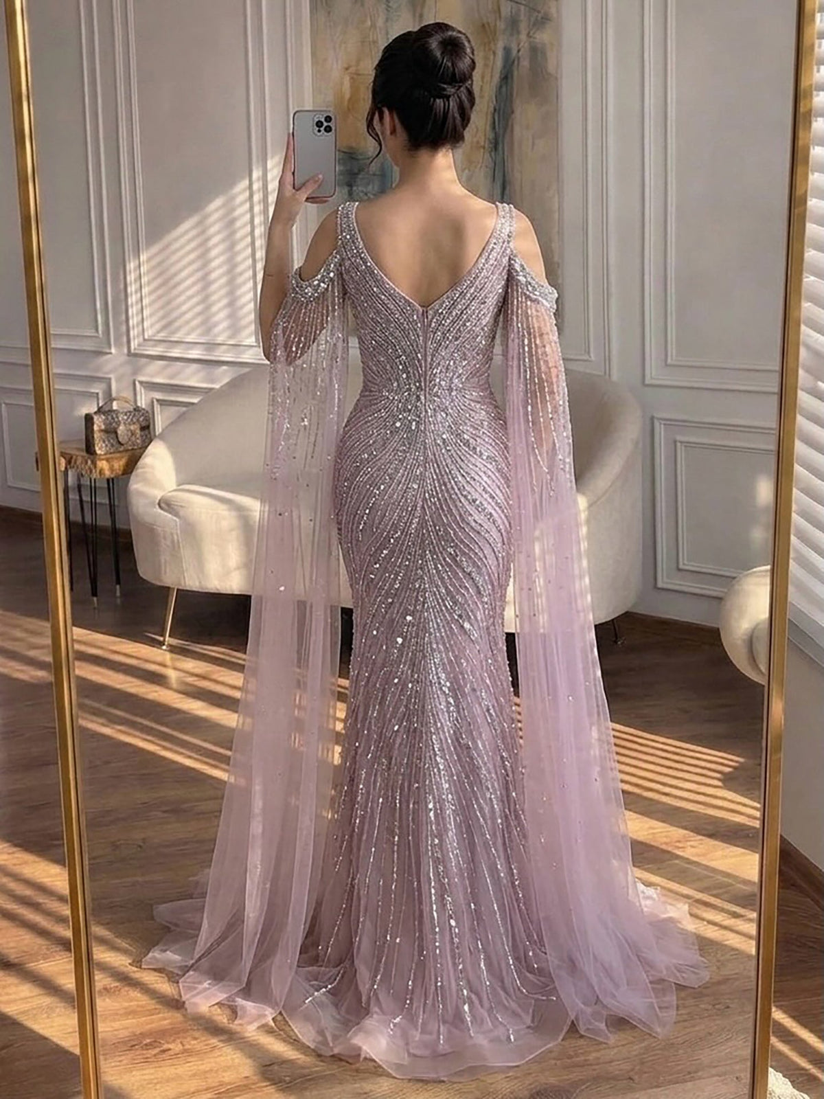 Pink Beaded Mermaid Evening Dress with Cape Sleeve LA73210A