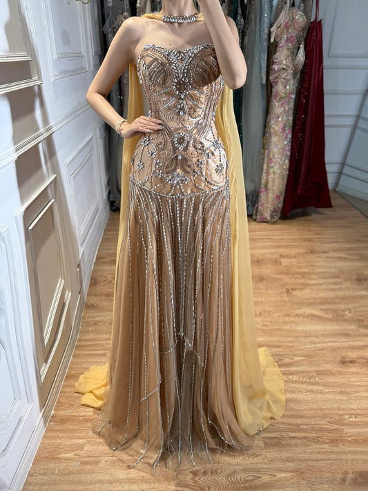 Gold Heavy Beaded Strapless Luxury Evening Dress with Detachable Cape LA73224