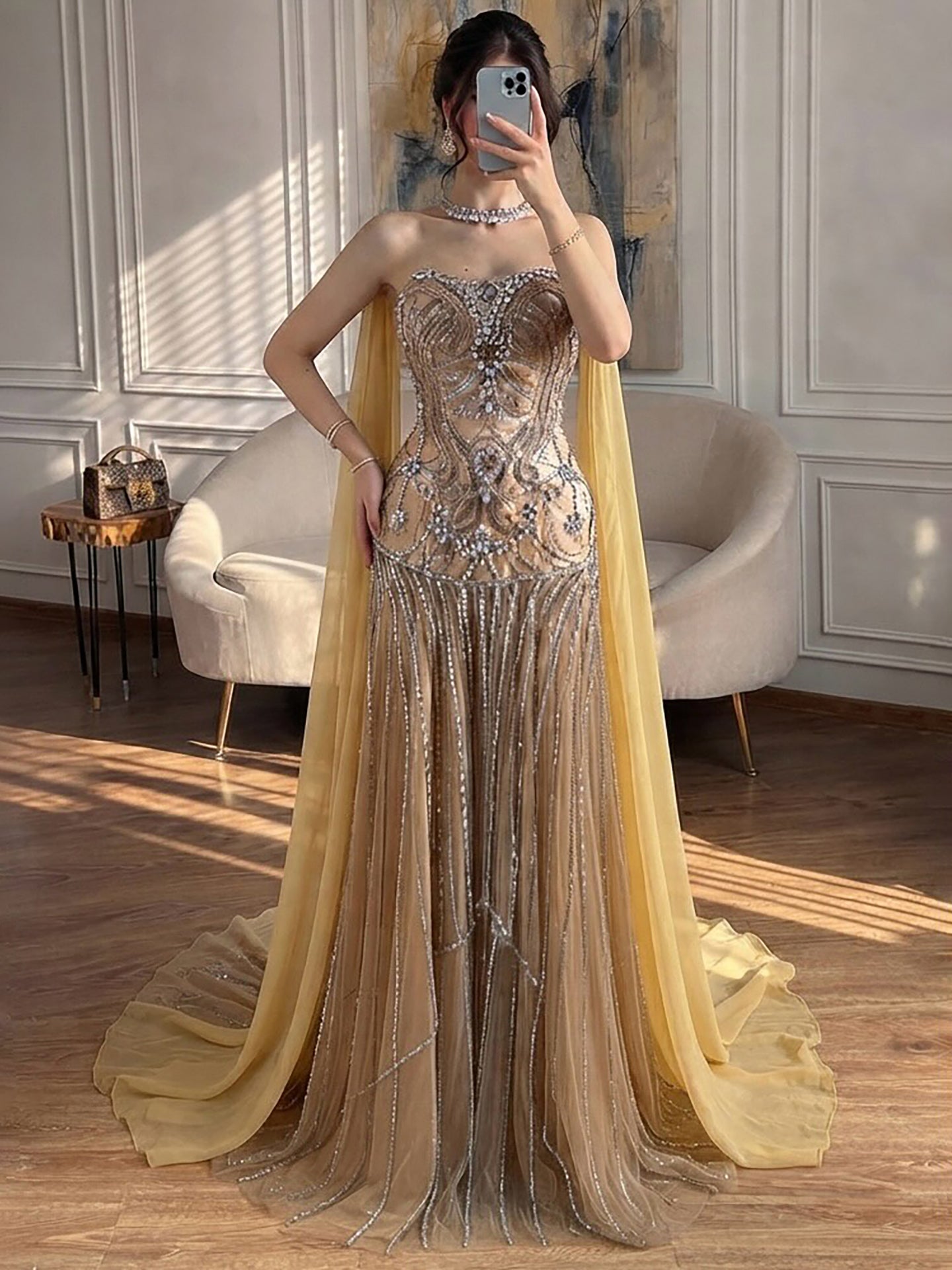 Luxury Gold Diamond Evening Dress with Cape for Wedding Party LA73224