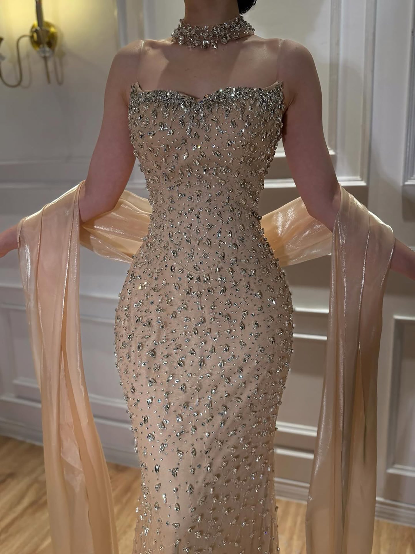 Luxury Pink Beaded Evening Dress with Scraf Formal Gown for Wedding Guest LA73225