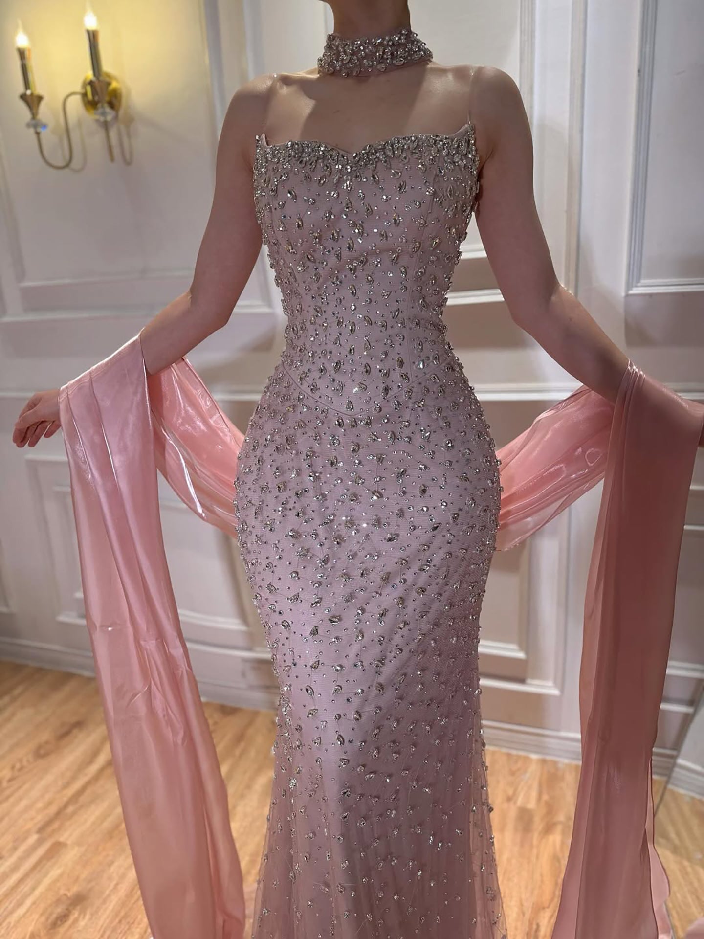 Luxury Pink Beaded Evening Dress with Scraf Formal Gown for Wedding Guest LA73225