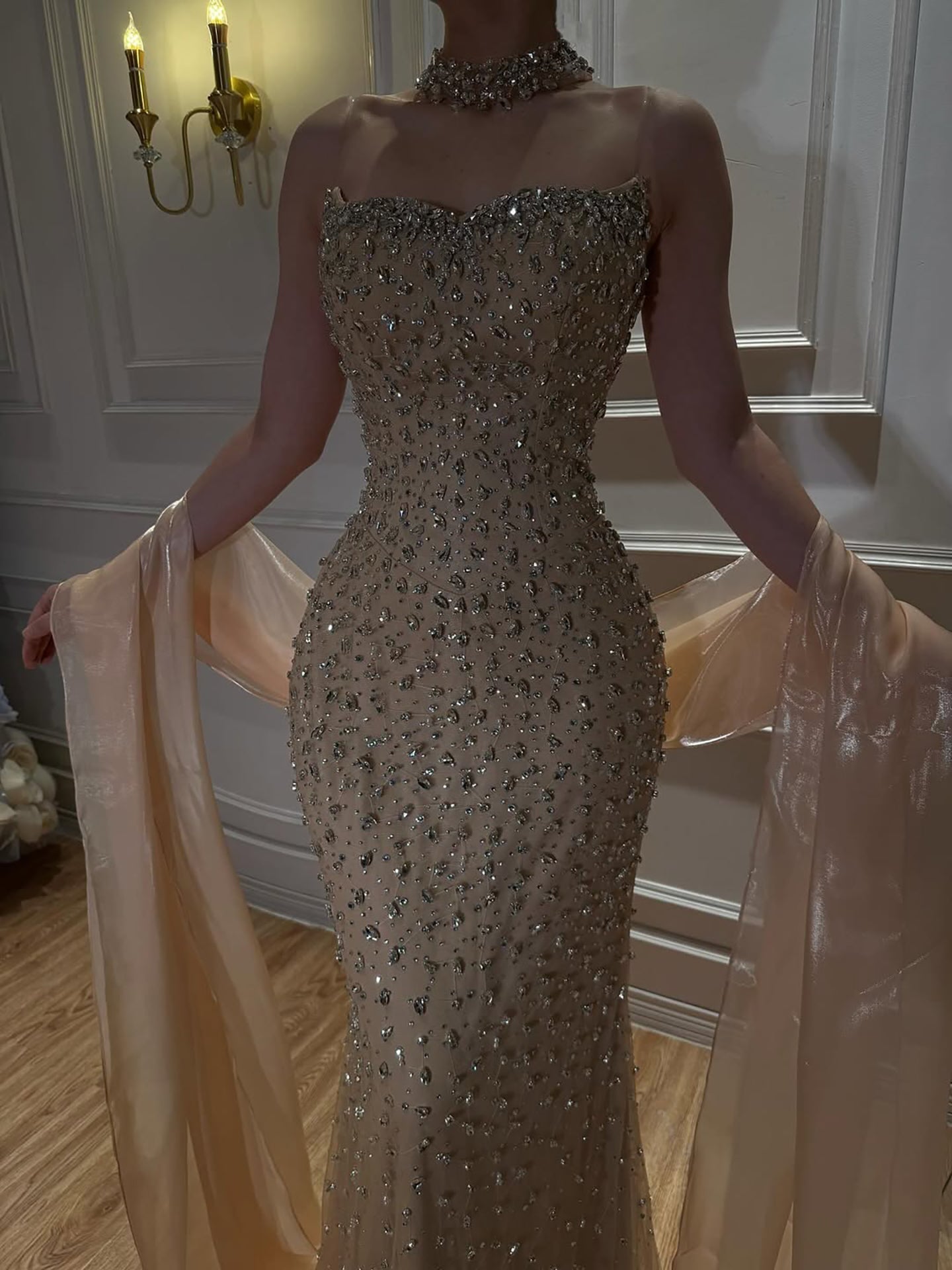 Luxury Pink Beaded Evening Dress with Scraf Formal Gown for Wedding Guest LA73225