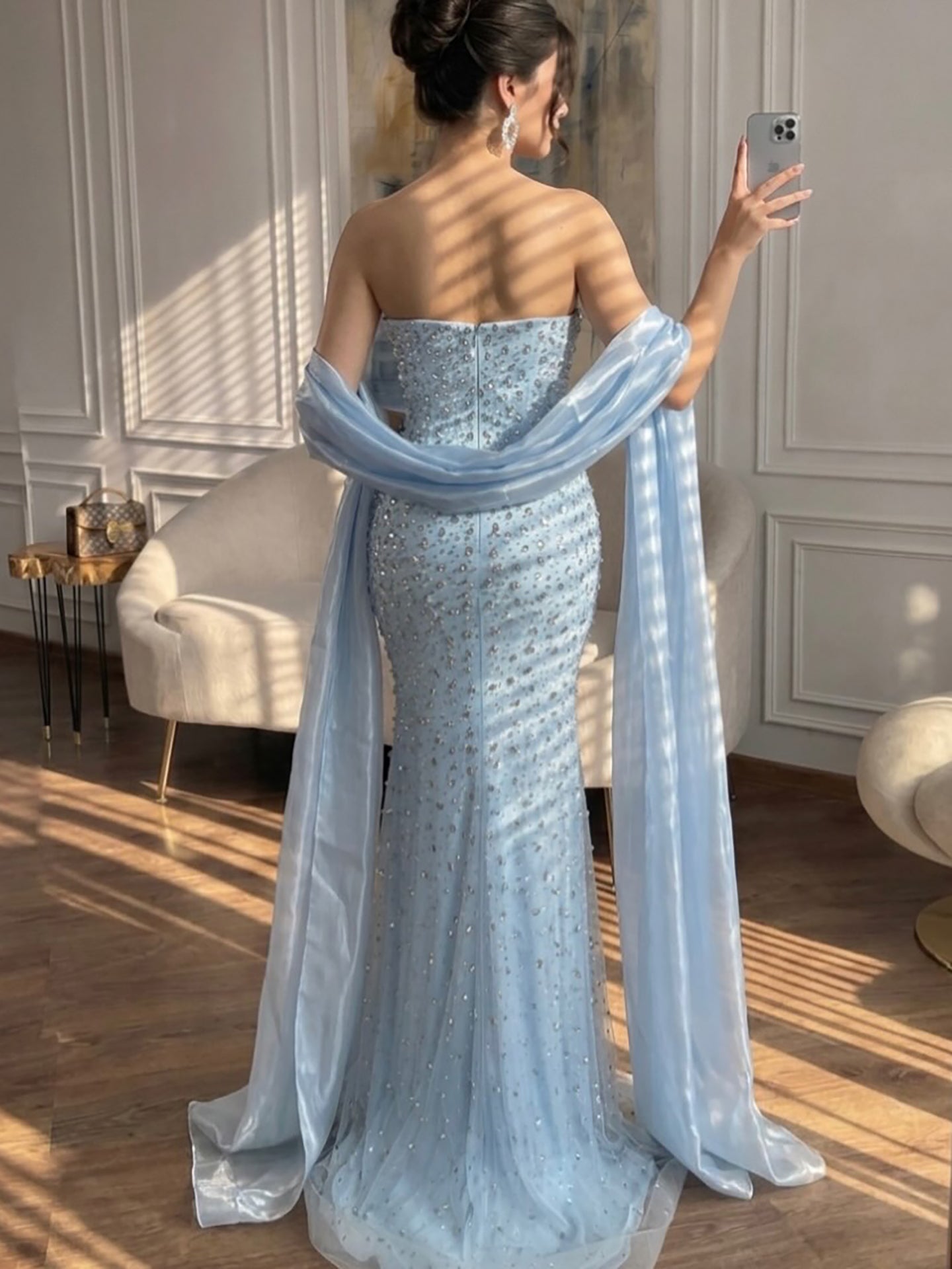 Luxury Pink Beaded Evening Dress with Scraf Formal Gown for Wedding Guest LA73225